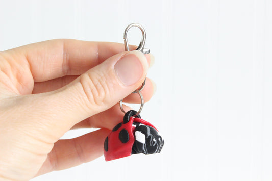 Hand holding the 3D-printed red-and-black ladybug keychain to show its size, colors, and silver swivel clip.