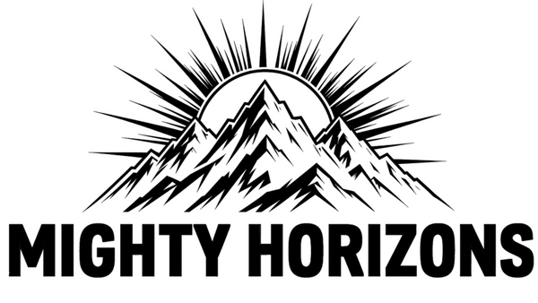 Mighty Horizons company logo with a black mountain range and radiating sun graphic above the Mighty Horizons name.