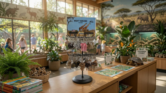 Mighty Horizons two-tier tabletop display stand stocked with animal keychains and a Zoo sign on a counter in a zoo gift shop.
