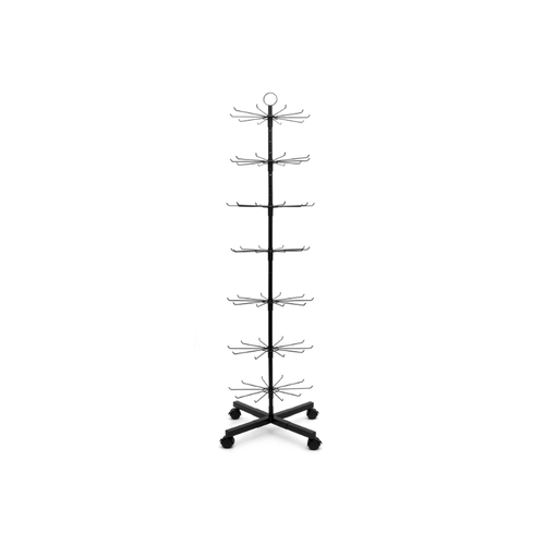 Black metal multi-tier rotating floor display stand with hanging hooks and a wheeled base.