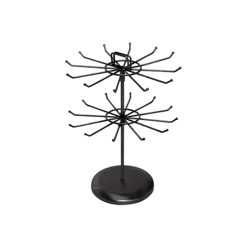 Black metal two-tier rotating tabletop display stand with hanging hooks and a round base
