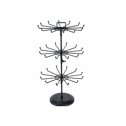 Black metal three-tier rotating tabletop display stand with hanging hooks and a round base.